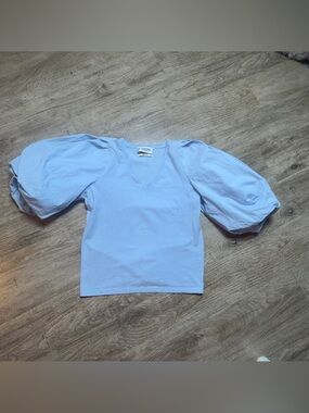 Light Blue Puff Sleeve V-Neck Tee